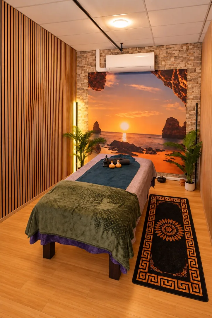 Privé massagekamer met warme zonsondergang en houten wand bij Thao Massage Spa in Hilversum